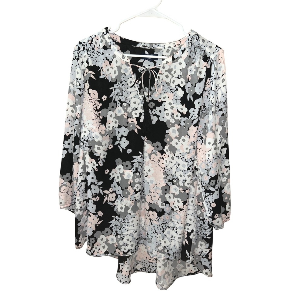 Kaari Blue Curvy Floral Blouse Black Pink Tassel Tie Neck 3/4 Sleeve 1X